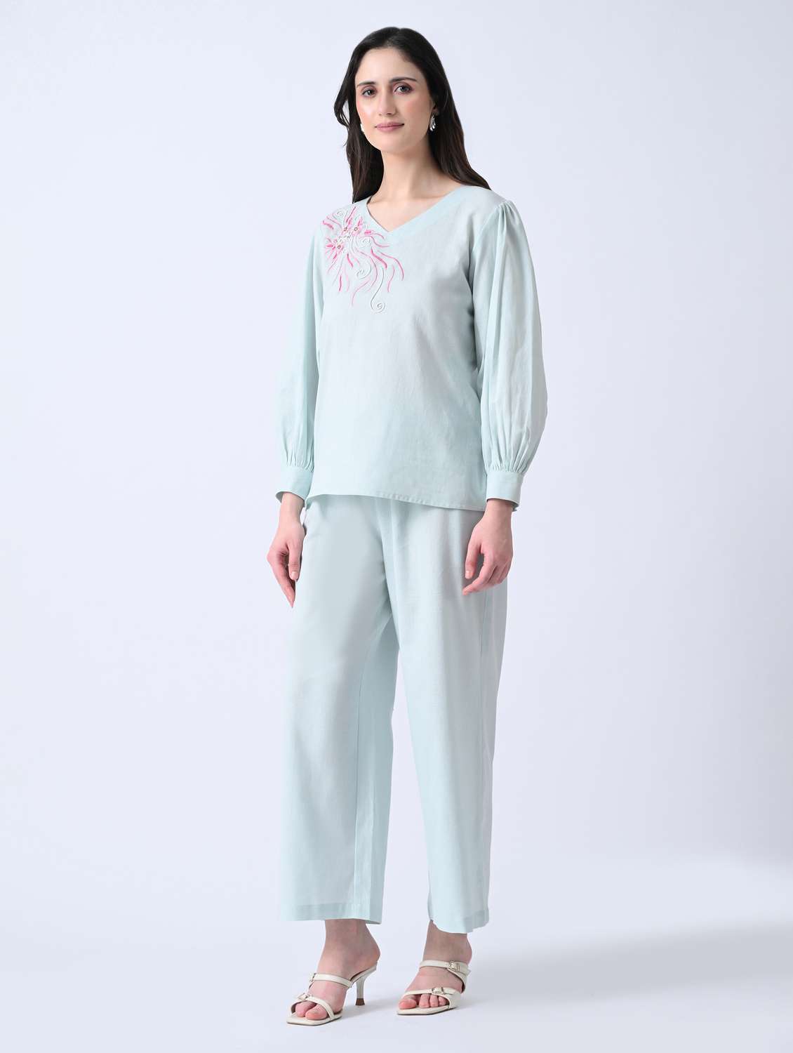 women embroidered long sleeves top and trouser co-ord set - 22580504 -  Standard Image - 2