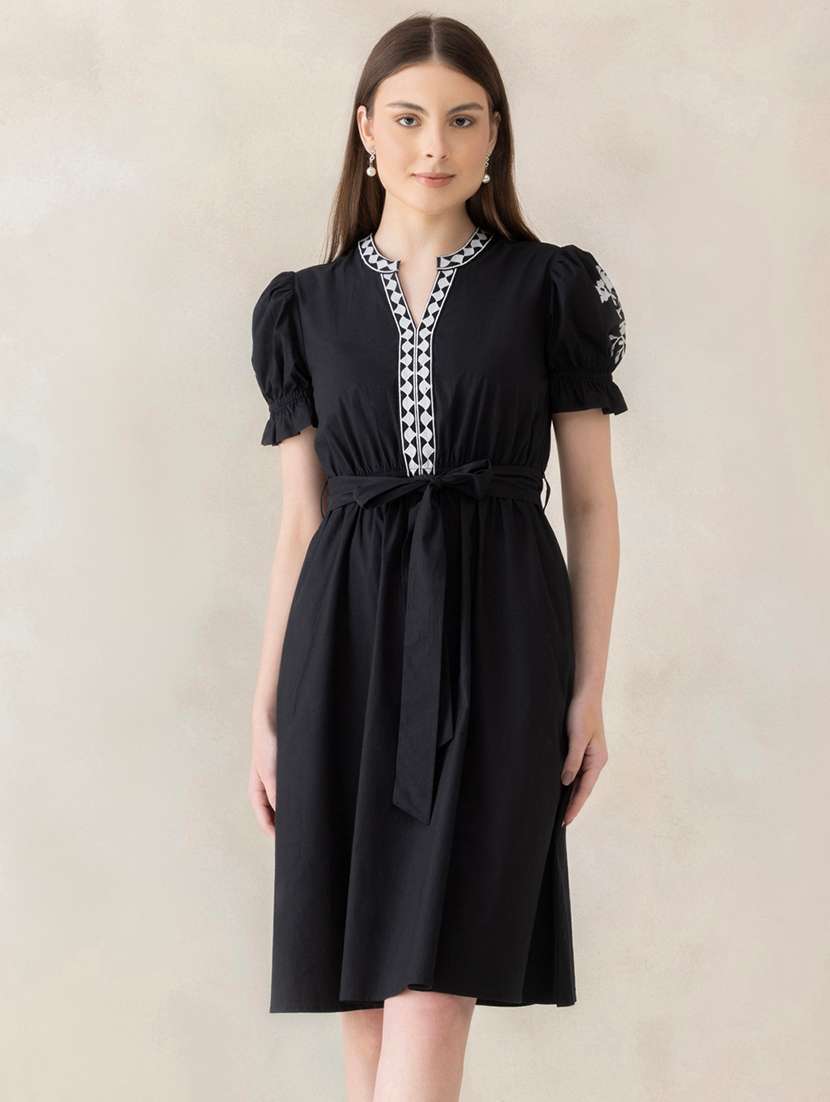 women embroidered puff sleeves a-line dress