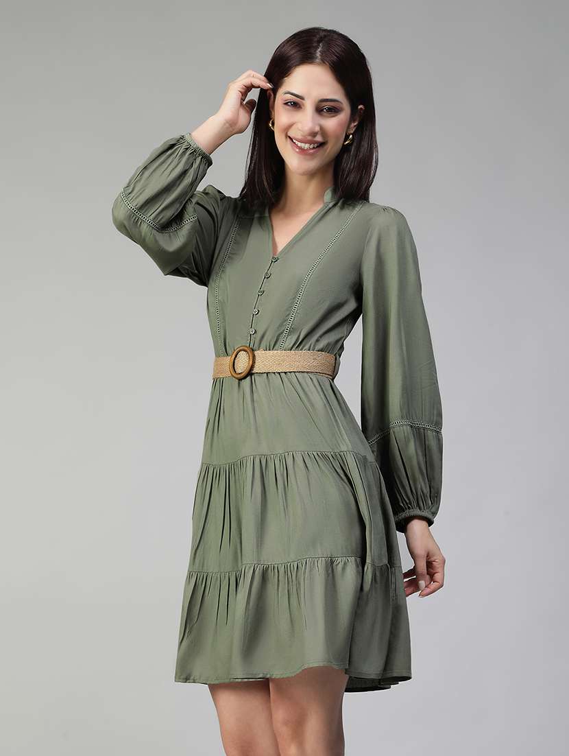 Women Solid Long Sleeves Tiered Dress - 22580545 -  Standard Image - 2