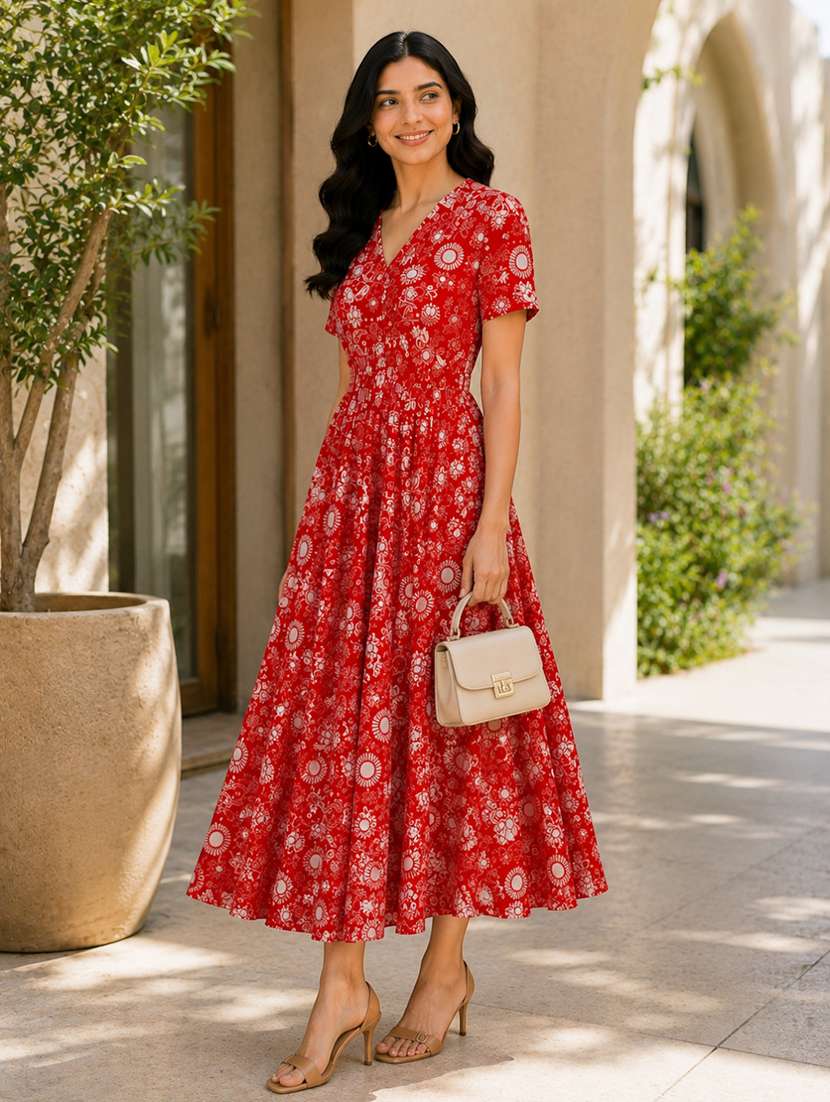 women pirnted short sleeves fit and flare dress