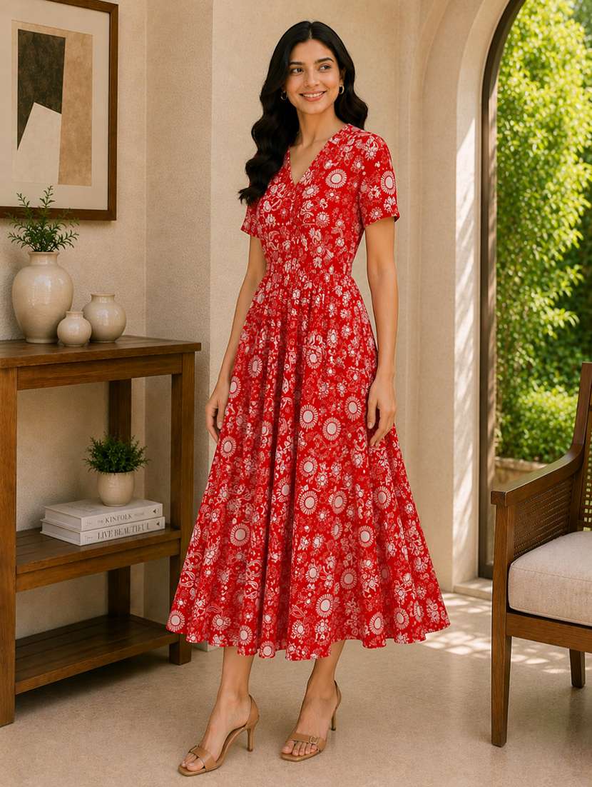 Women Pirnted Short Sleeves Fit And Flare Dress - 22580566 -  Standard Image - 2