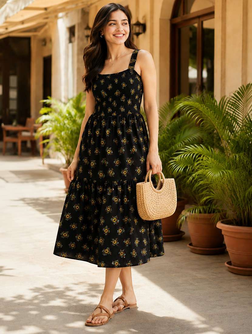 women printed shoulder strap fit and flare dress
