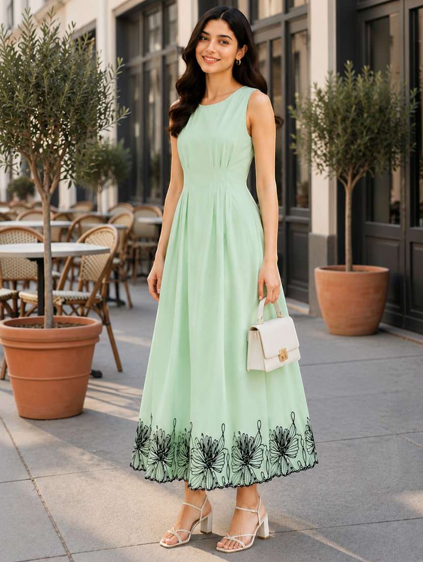 women embroidered sleeveless fit and flare dress