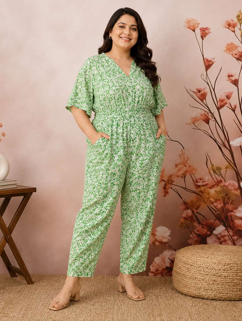 women printed short sleeves full leg jumpsuit