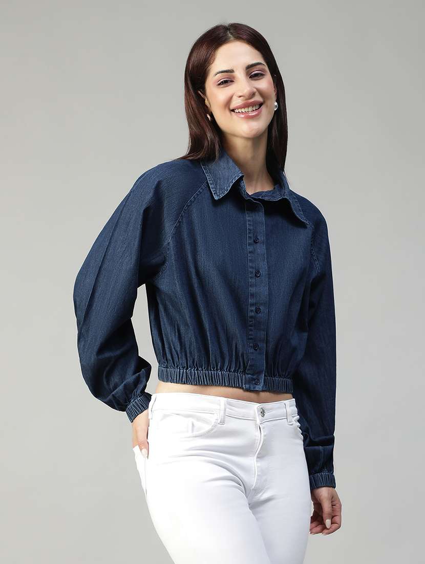 women solid long sleeves crop shirt - 22580590 -  Standard Image - 2