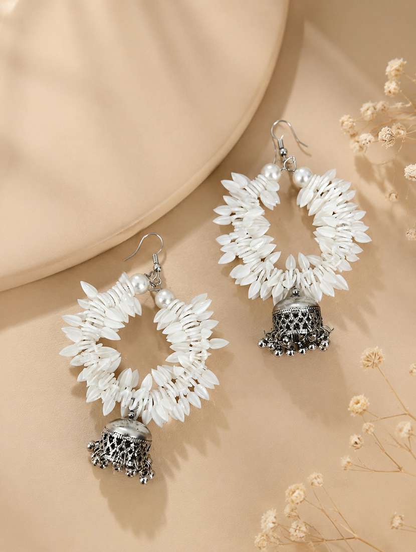 women's white shell hoop earrings with oxidised silver jhumka