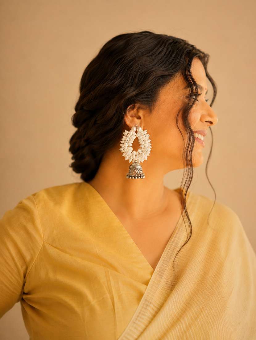 women's white shell hoop earrings with oxidised silver jhumka - 22580596 -  Standard Image - 2
