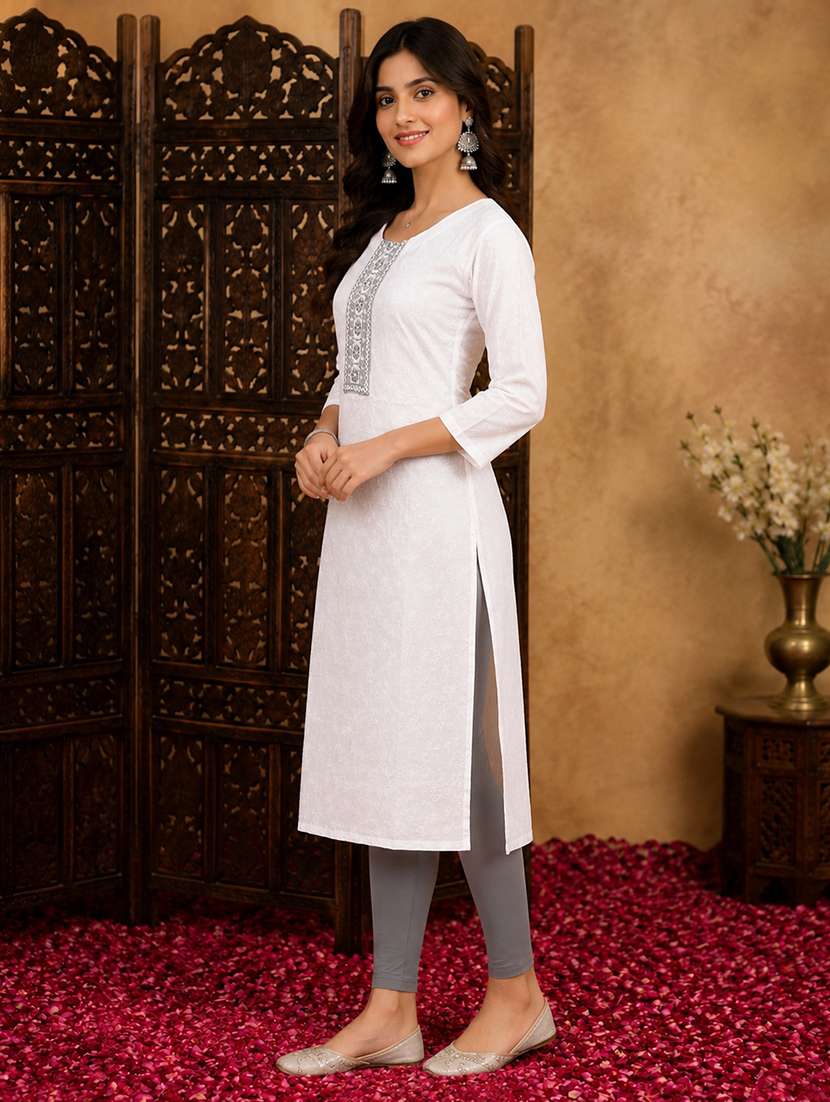 women solid with work three quarter sleeve straight kurta - 22580610 -  Standard Image - 2