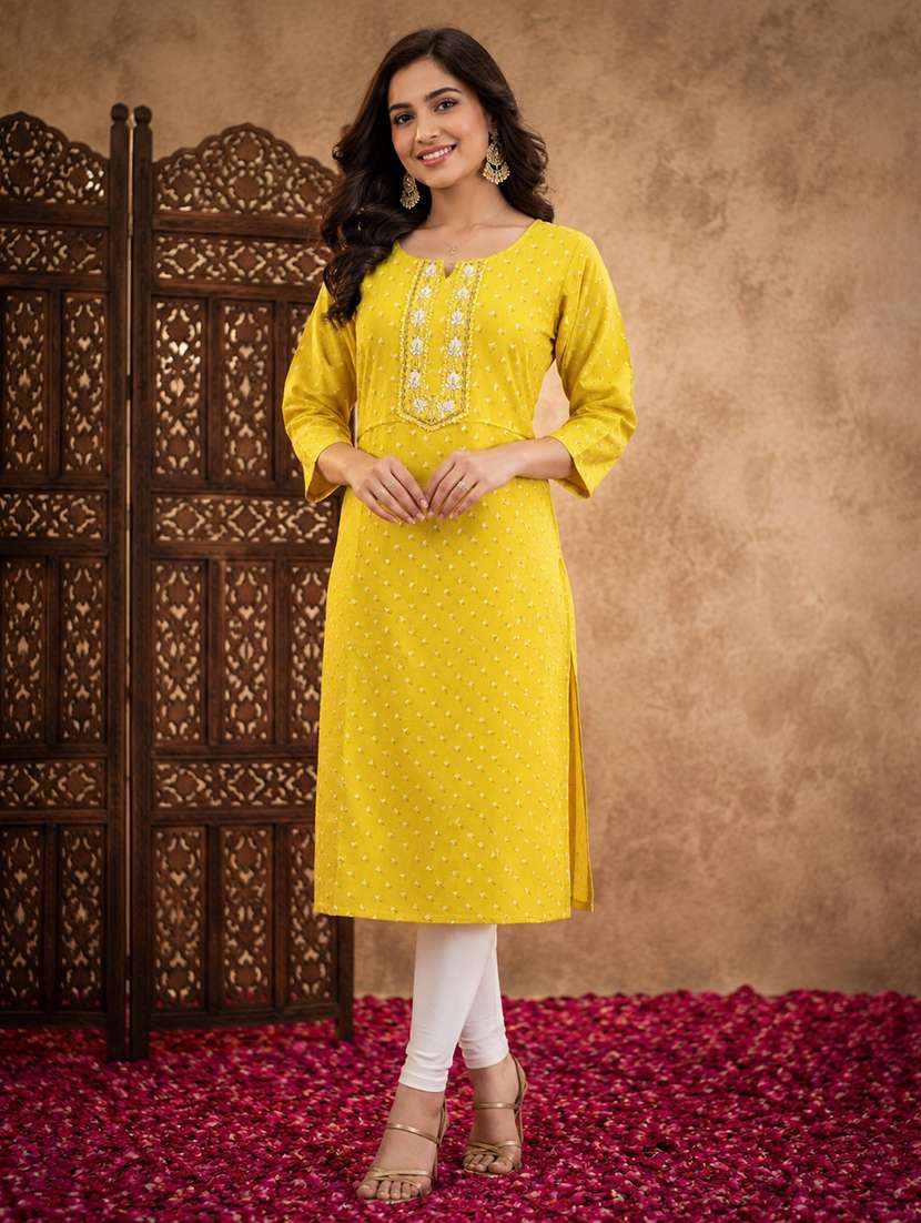 women printed three quarter sleeve straight kurta