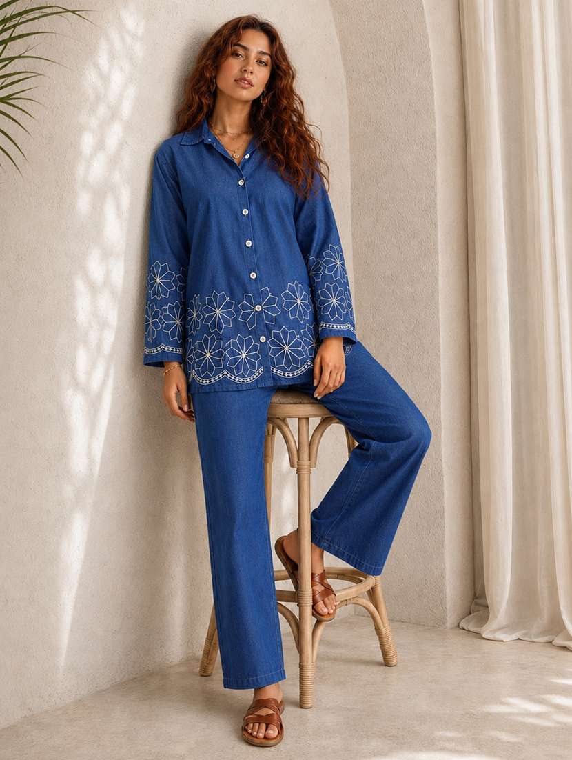 women embroidered long sleeves shirt and trouser co-ord set