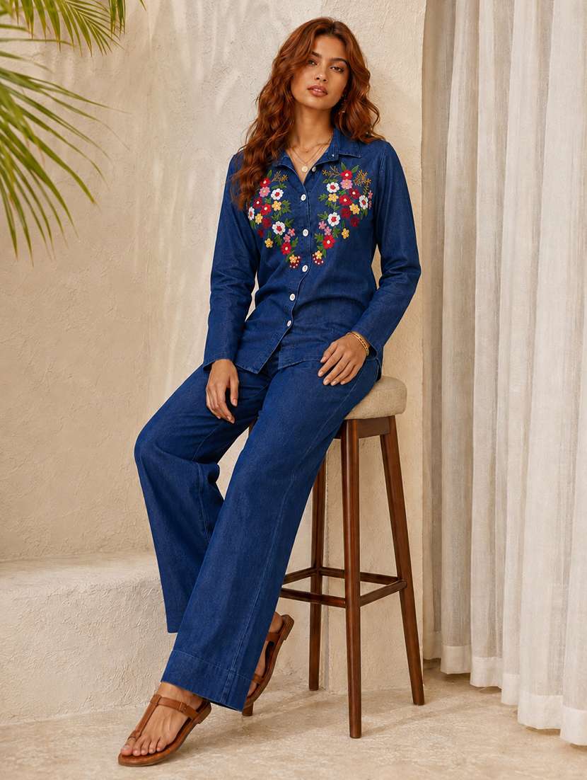 women embroidered long sleeves shirt and trouser co-ord set