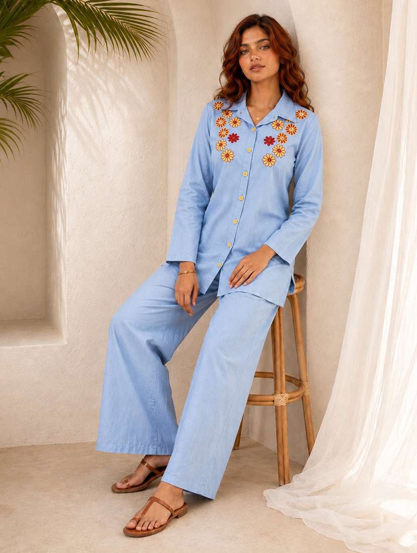 women embroidered long sleeves shirt and trouser co-ord set