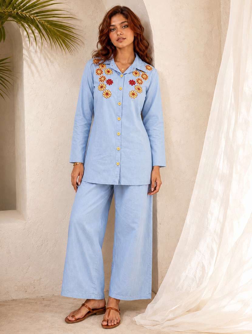 women embroidered long sleeves shirt and trouser co-ord set - 22580641 -  Standard Image - 2