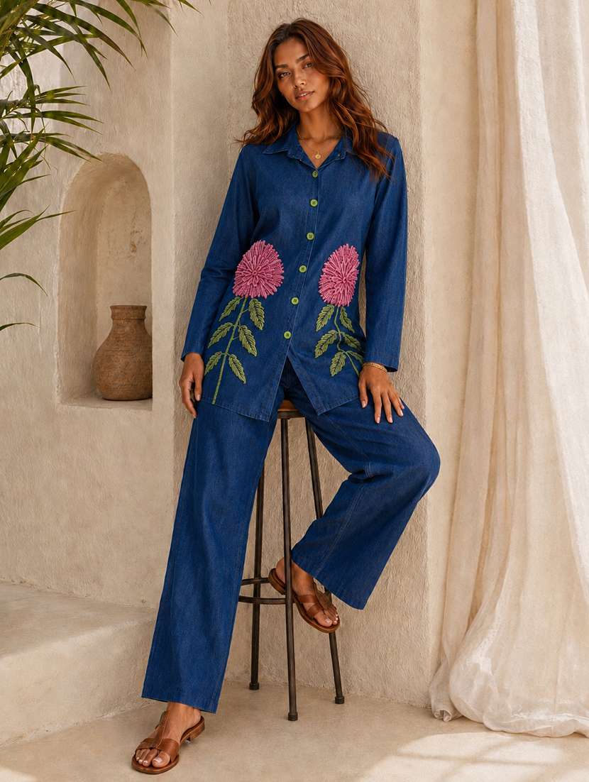 women embroidered long sleeves shirt and trouser co-ord set