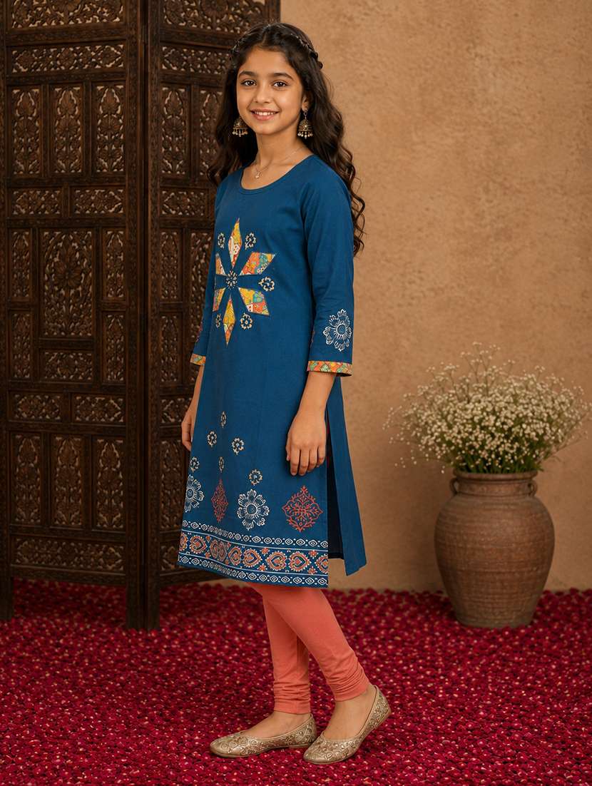 girls printed three quarter sleeves straight kurta - 22580666 -  Standard Image - 2