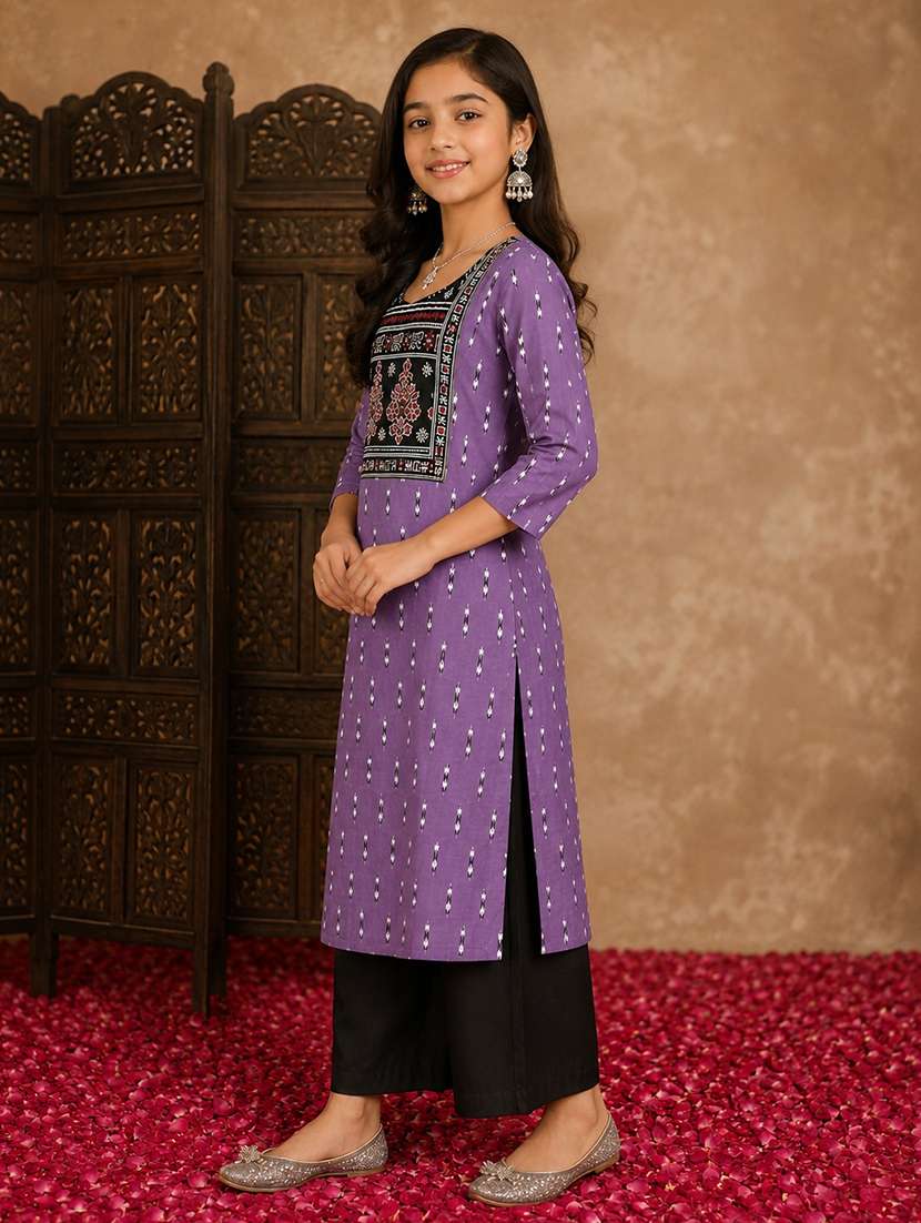 girls printed three quarter sleeves kurta palazzo set - 22580674 -  Standard Image - 2