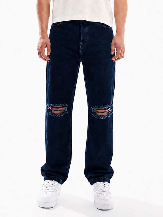 men slash knee mid rise full length baggy jeans