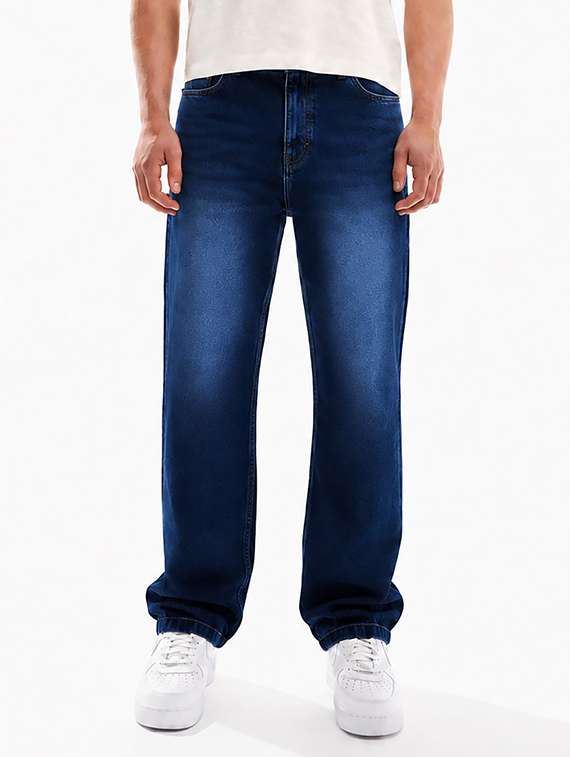 men washed mid rise full length baggy jeans