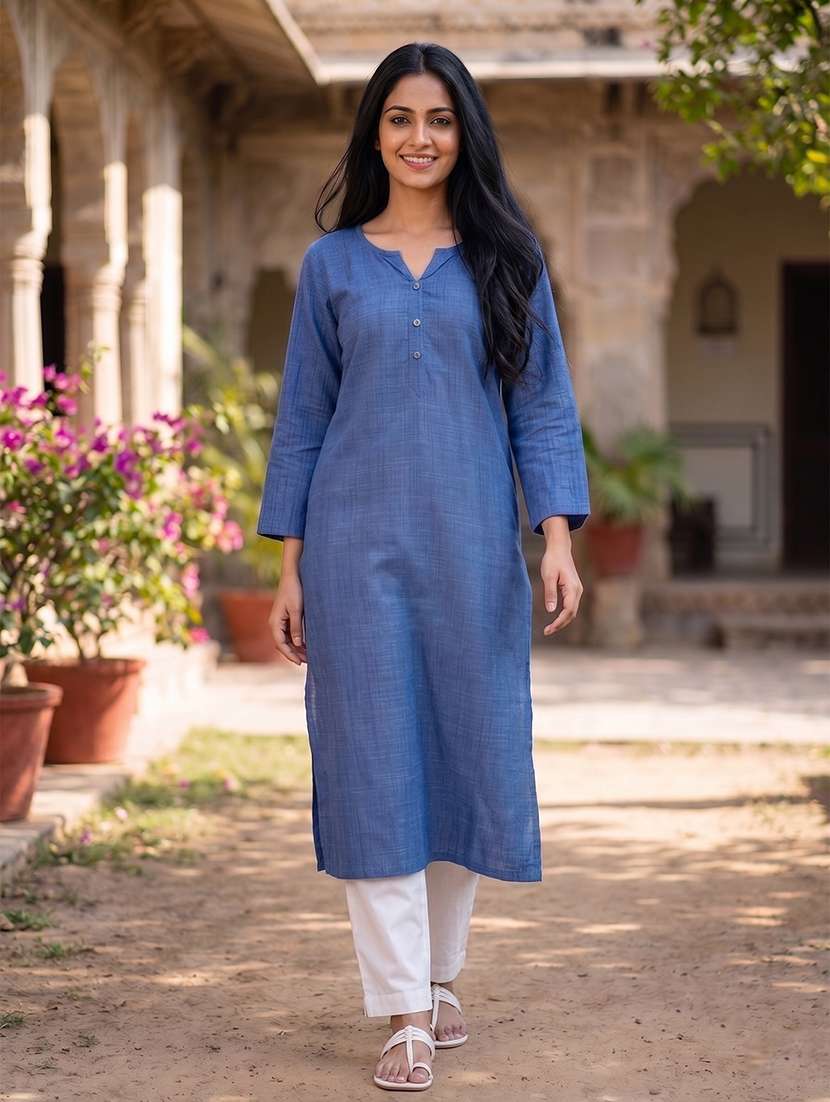 Women Solid Three Quarter Sleeves Straight Kurta - 22582483 -  Standard Image - 2
