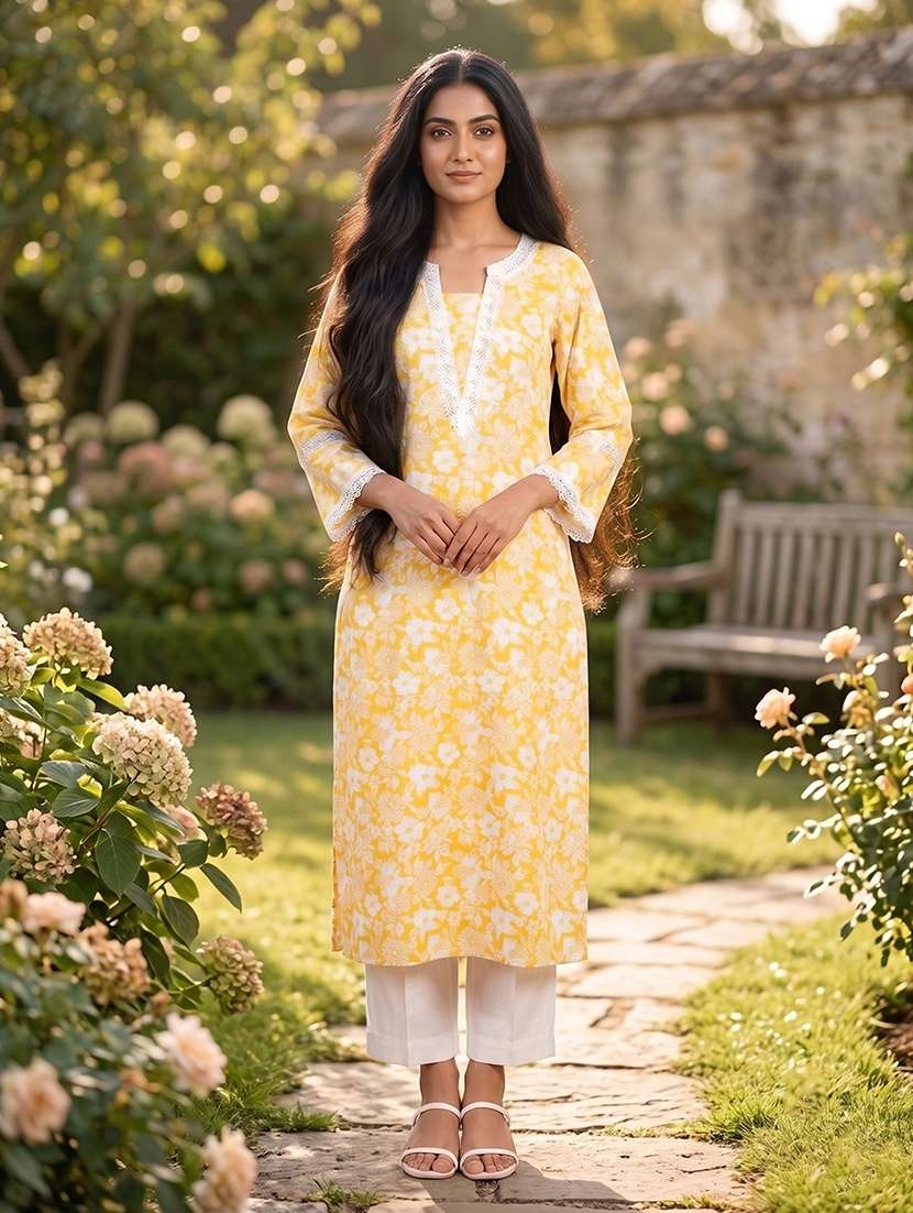 women printed three quarter sleeves straight kurta