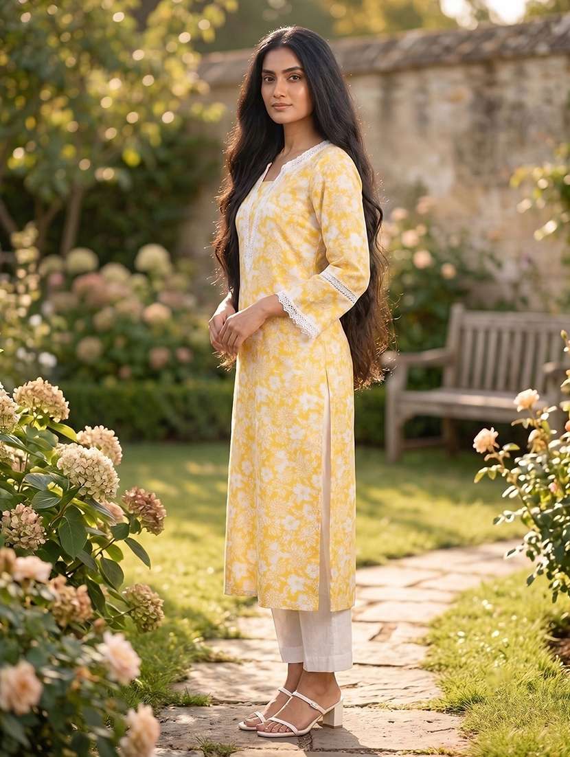 women printed three quarter sleeves straight kurta - 22582493 -  Standard Image - 2