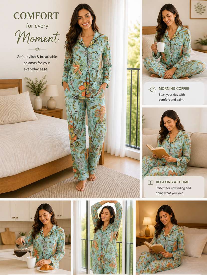 women printed long sleeves pyjama set - 22582520 -  Standard Image - 7