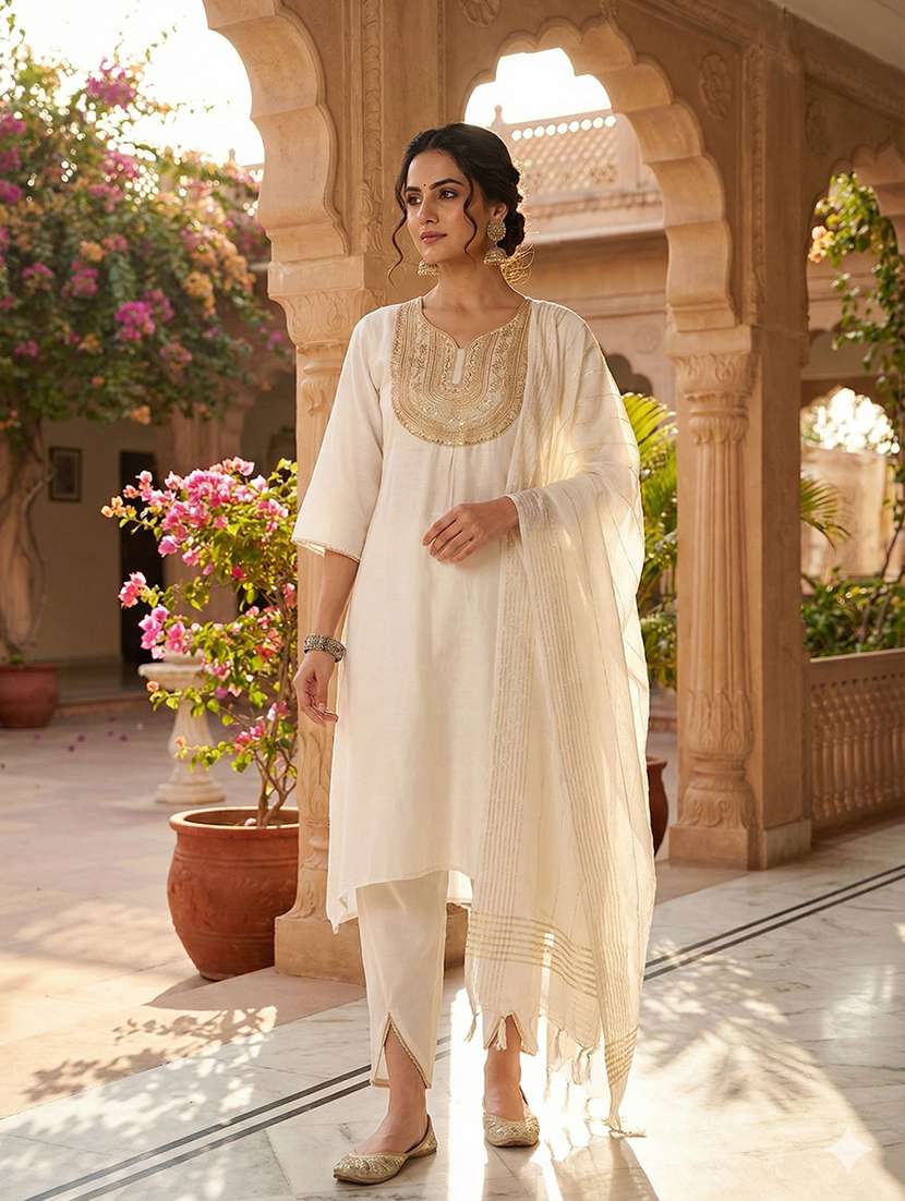 women solid with bell sleeve dhoti kurta with dupatta set