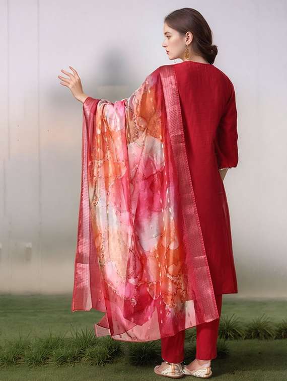 Women Solid With Work Bell Sleeve Kurta Pant With Dupatta Set - 22583269 -  Standard Image - 2