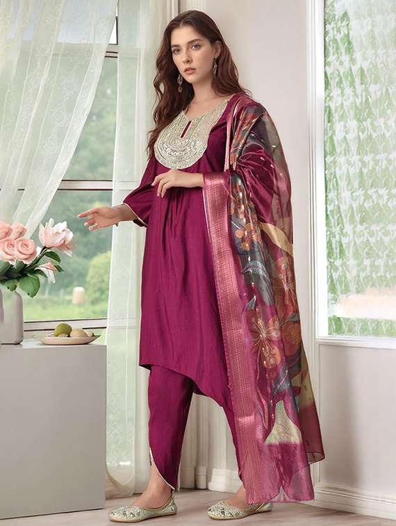 women solid with work bell sleeve kurta pant with dupatta set - 22583287 -  Standard Image - 2