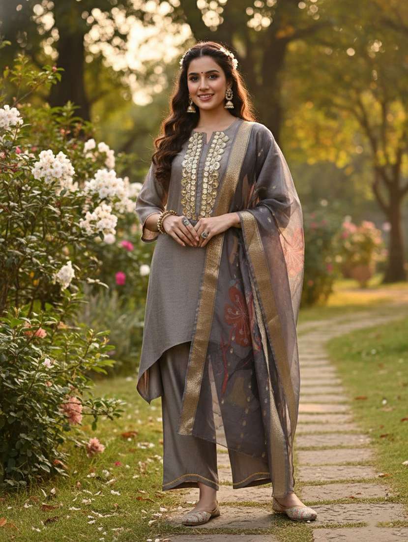 women solid with work bell sleeve kurta palazzo with dupatta set