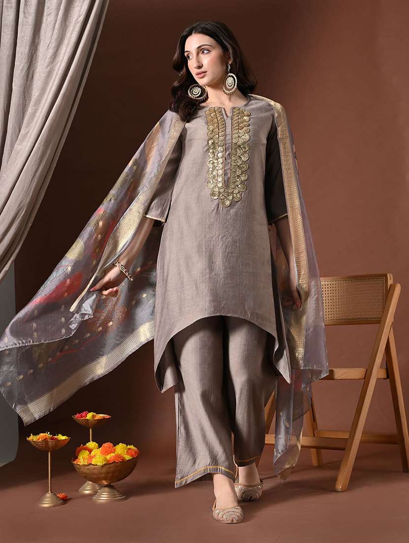 women solid with work bell sleeve kurta palazzo with dupatta set - 22583337 -  Standard Image - 2