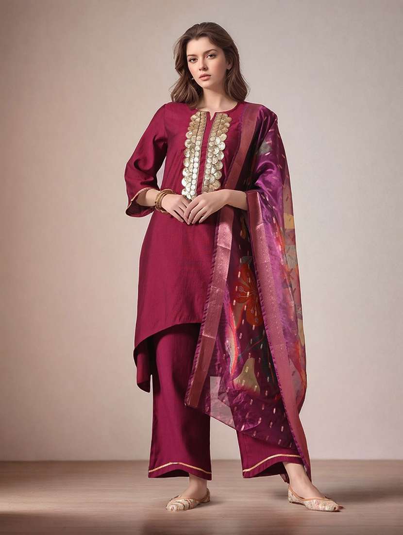 women solid with work notch neck kurta pant with dupatta set - 22583346 -  Standard Image - 2