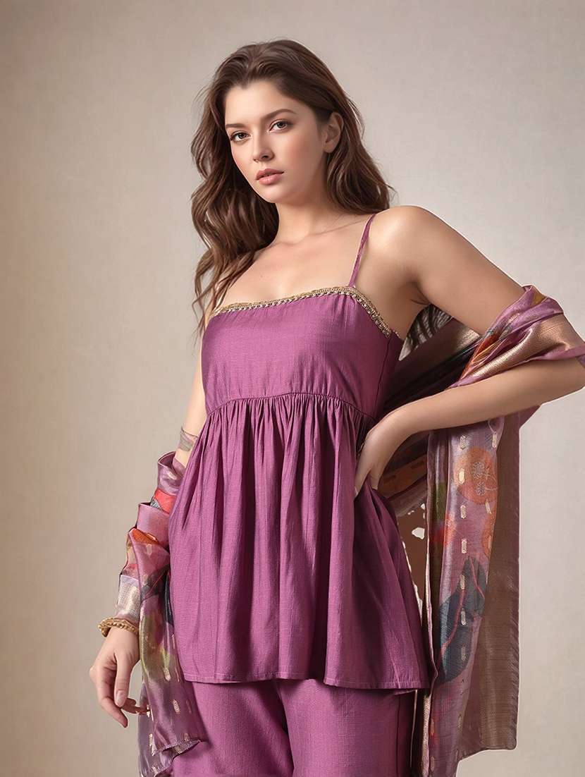Women Solid Shoulder Strap Kurta Palazzo With Dupatta Set - 22583349 -  Standard Image - 2