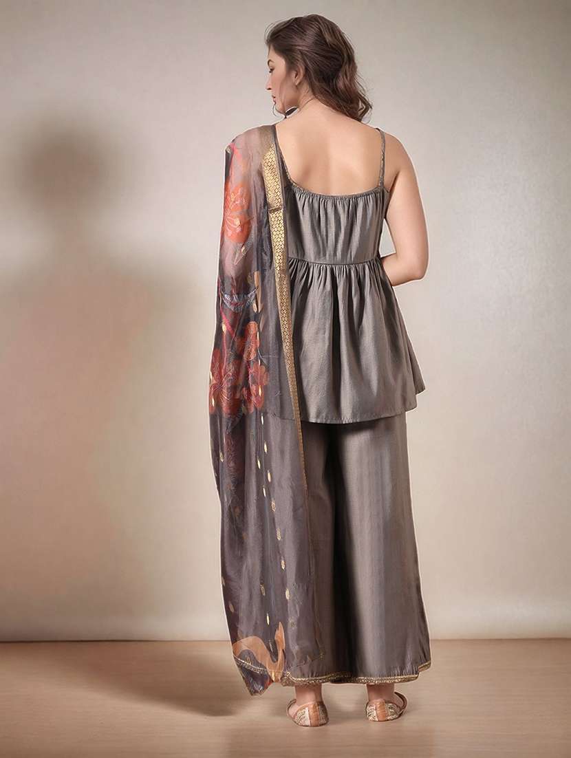 Women Solid Shoulder Strap Kurta Palazzo With Dupatta Set - 22583350 -  Standard Image - 2