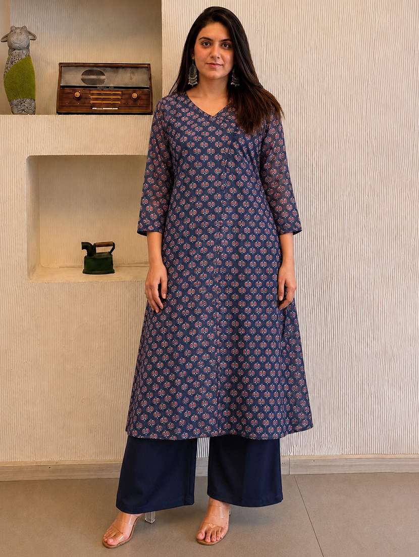 women printed three quarter sleeve kurta palazzo set - 22583945 -  Standard Image - 2