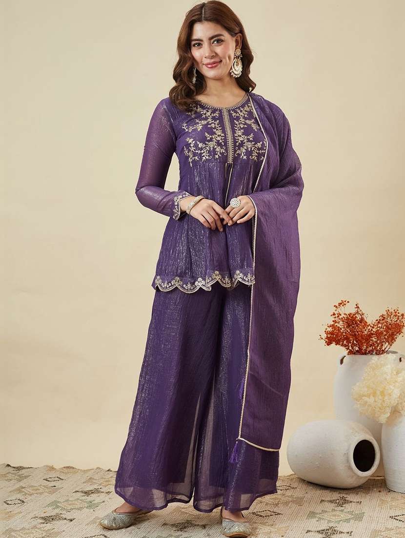 women embroidered long sleeve kurta palazzo with dupatta set