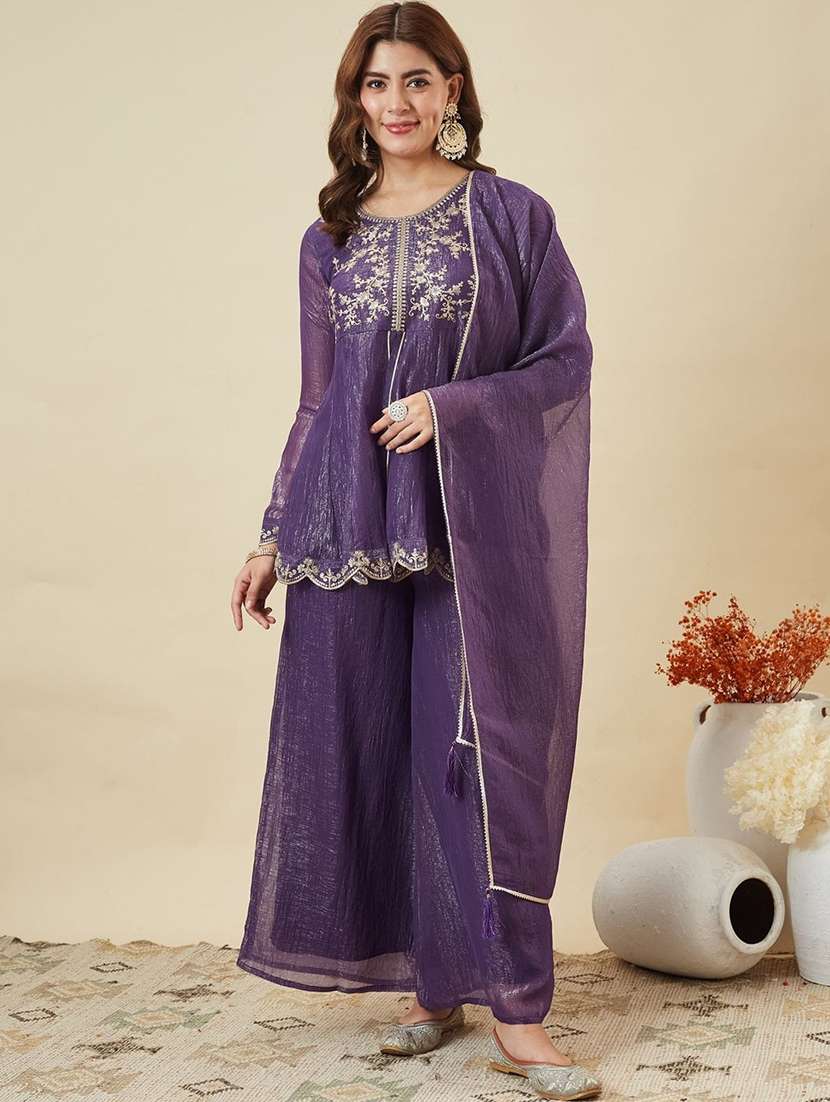 women embroidered long sleeve kurta palazzo with dupatta set - 22585568 -  Standard Image - 2