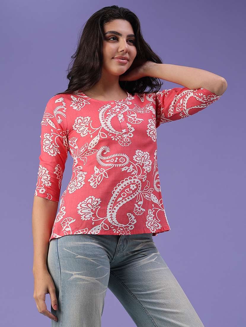 Women Printed Three Quarter Sleeves Straight Kurti - 22585631 -  Standard Image - 2