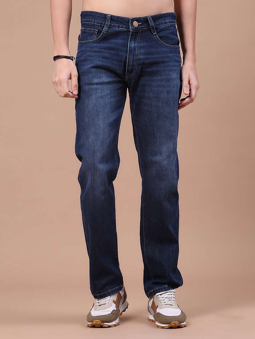 men washed mid rise full length straight jeans