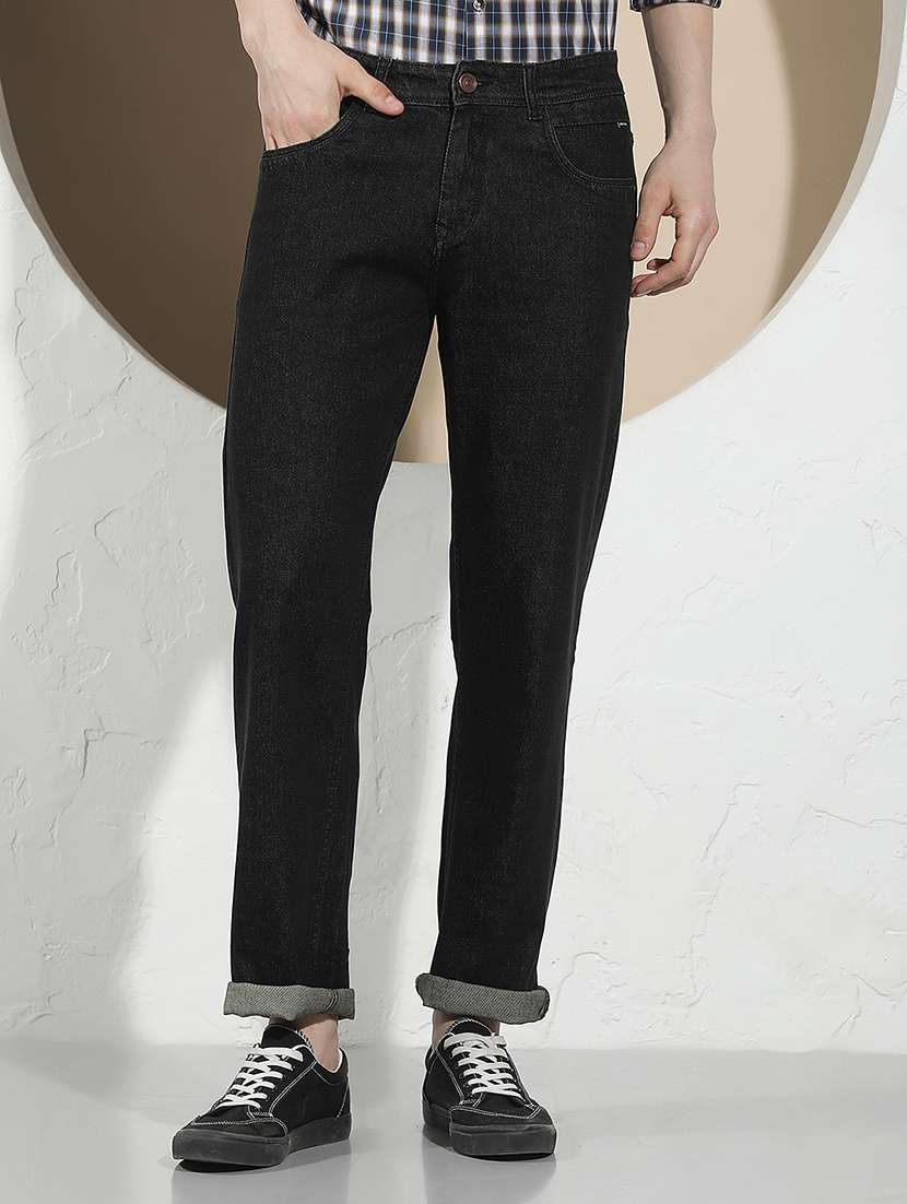 men plain mid rise full length straight jeans