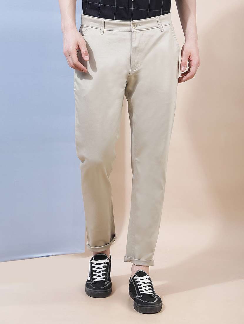 men solid mid rise chinos casual trouser