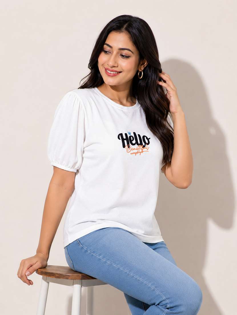 women printed puff sleeves regular fit t-shirt - 22587269 -  Standard Image - 2