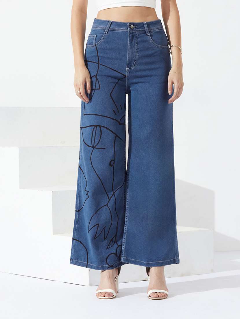 women printed high rise wide leg jeans