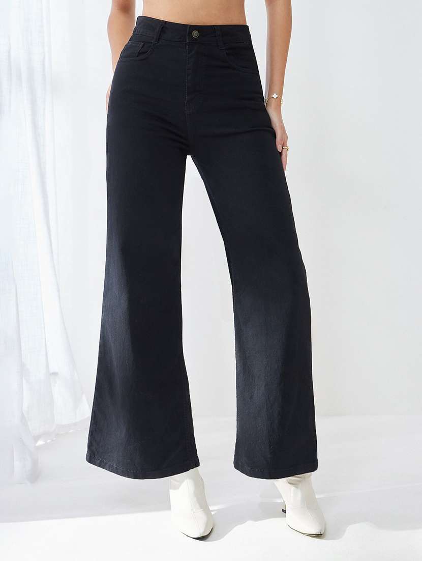 women washed high rise wide leg jeans