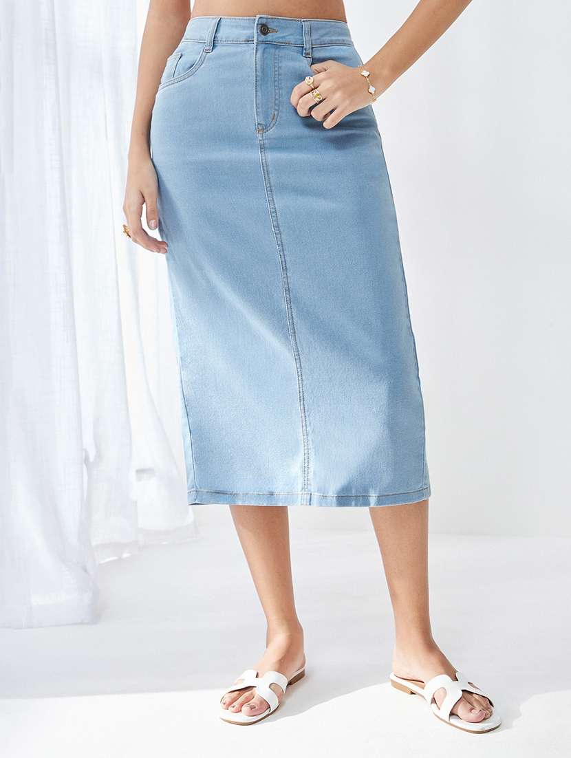 women solid high rise straight skirt