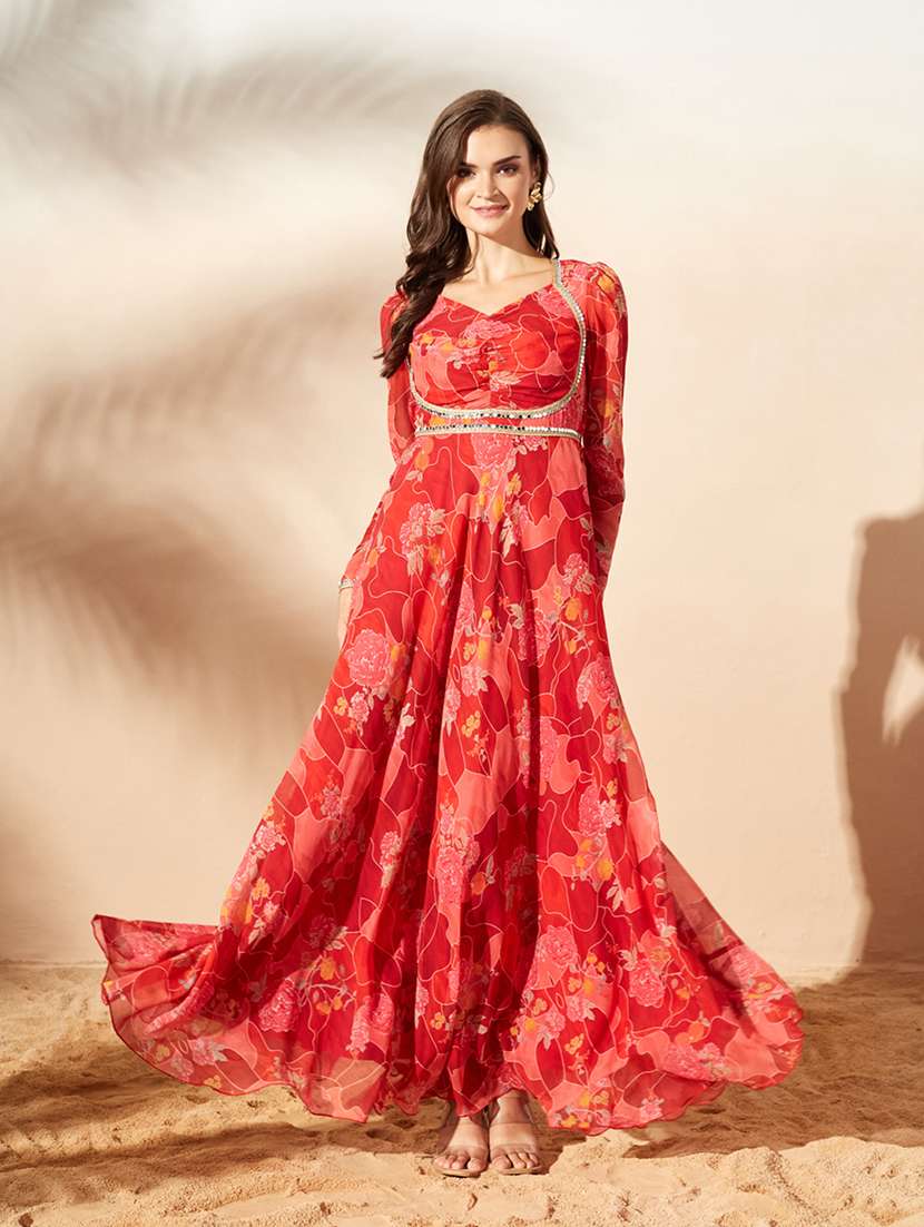 women printed long sleeves anarkali dress