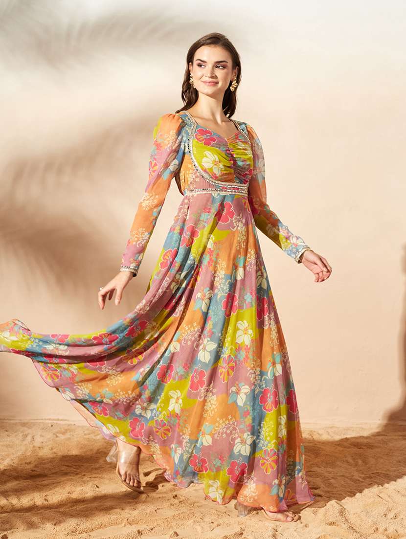 women printed long sleeves anarkali dress