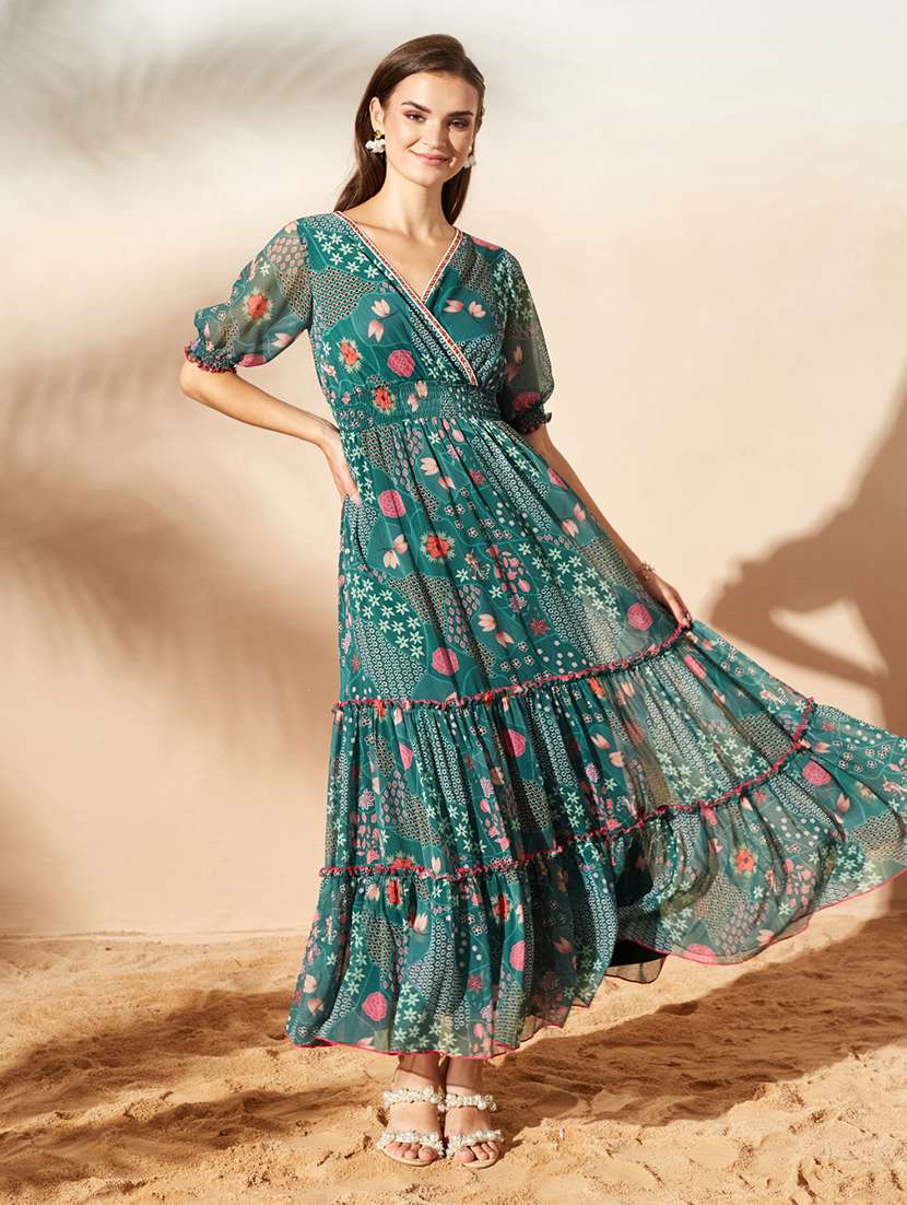 women printed puff sleeves tiered dress - 22587745 -  Standard Image - 2