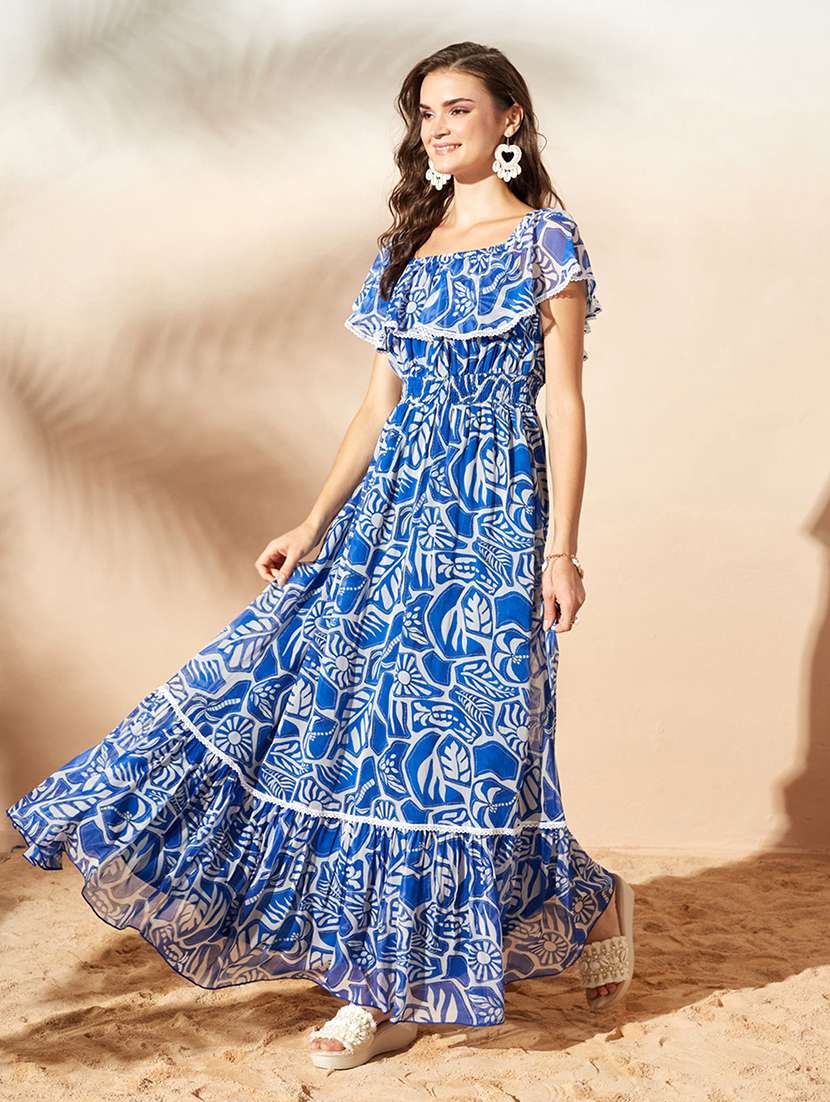 women printed off shoulder tiered dress
