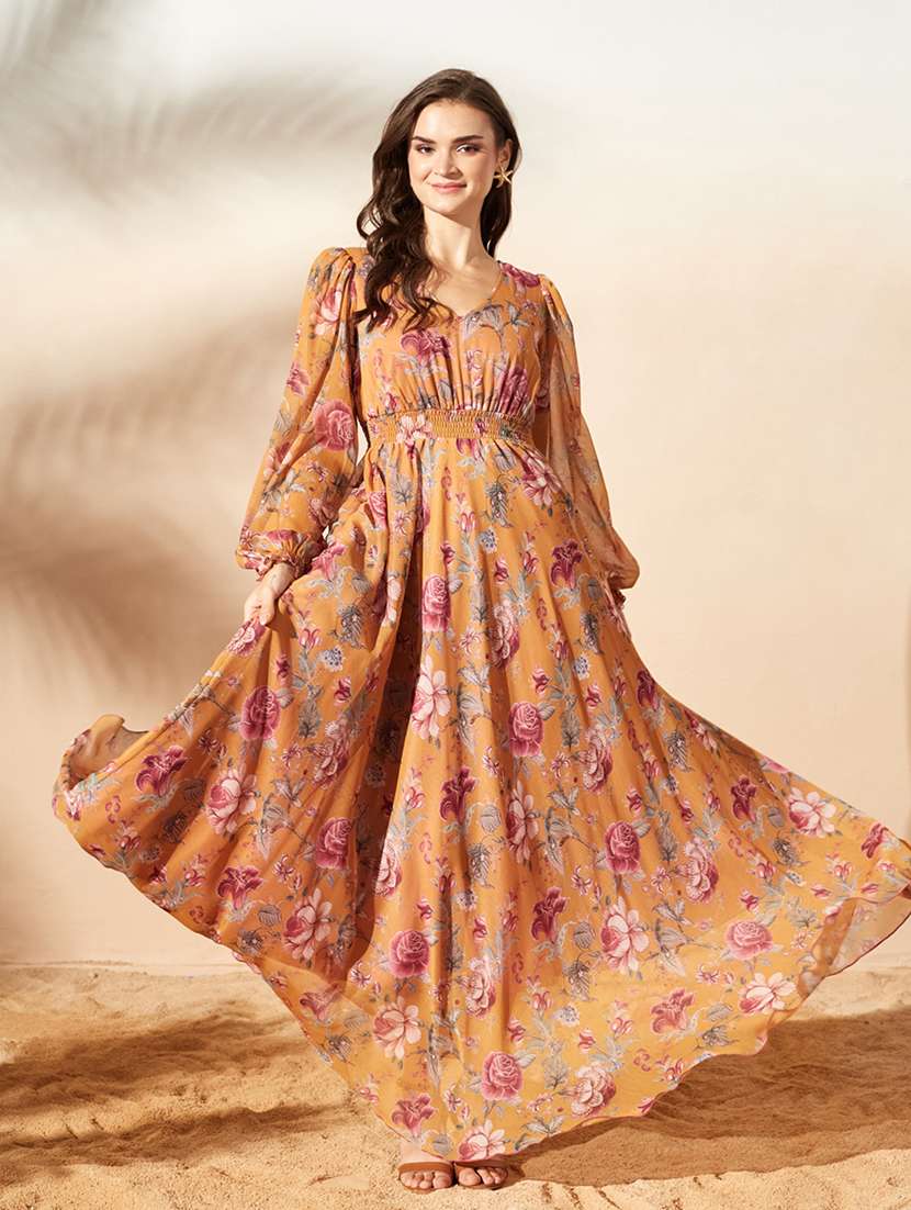 women printed long sleeves fit and flare dress